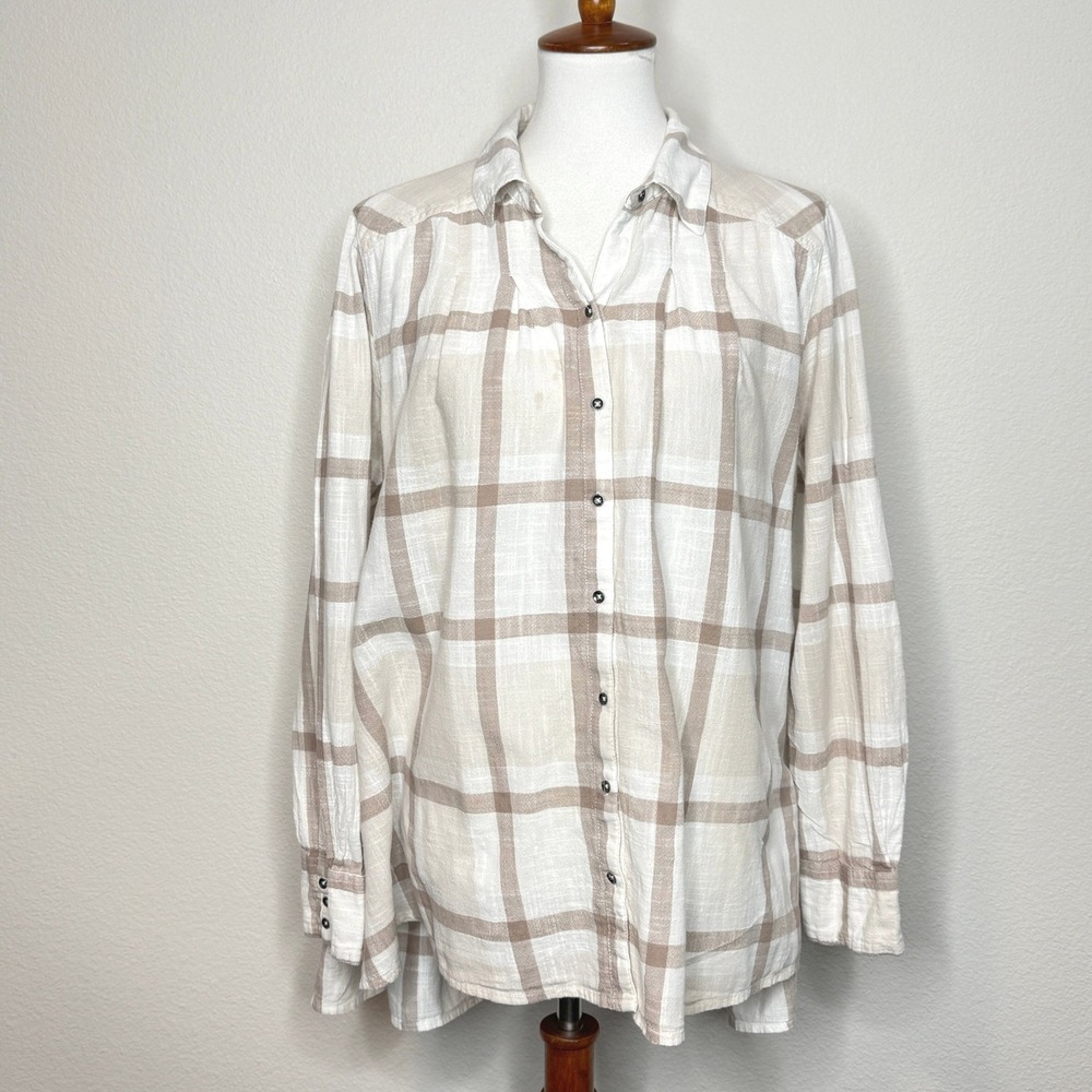 FREE PEOPLE Peppy in Plaid Tunic Top LG Cream Oversized Ruffle Hi-Low Boho - Picture 1 of 9